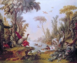 Lake With Geese Storks Parrots And Herons From The Salon Of Gilles Demarteau — François Boucher, Rococo