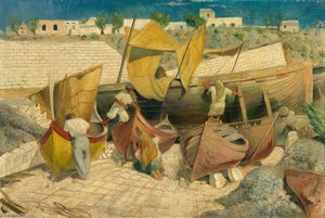 Maltese Fishermen Mending Bombed Dghaisas And Other Boats — Leslie Cole