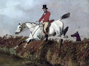 Gentleman On A Grey Horse Taking A Fence — John Dalby
