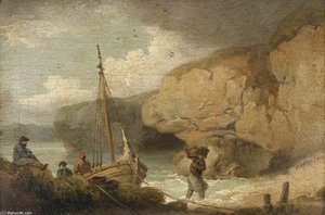 Fishermen Unloading A Boat In A Rocky Inlet — George Morland