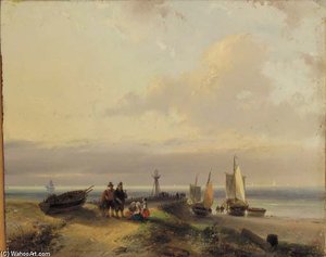A Beach Scene With Fisherfolk Chatting In The Dunes — Andreas Schelfhout