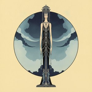 Navy Silhouette Amidst Circular Blue Cloud Arcs — Valentin Laurent De Courcey, Art Deco