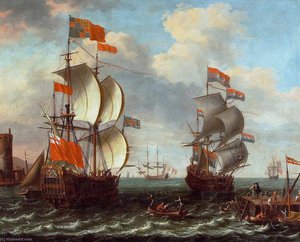Men O'War and Shipping off a Jetty