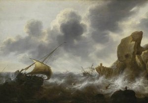 A Fishing Boat Off A Rocky Coast In A Storm With A Wreck — Jacob Adriaensz Bellevois