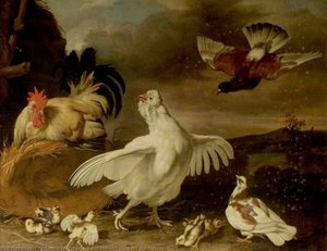 Cock And Hen With Chickens And Pigeons — Johannes Spruyt