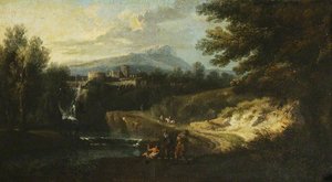 Romantic Landscape With Figures By A River, A Citadel In The Middle Distance — Francesco Zuccarelli