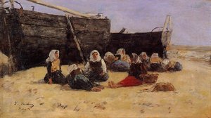 Fishwomen Seated On The Beach At Berck — Eugène Louis Boudin