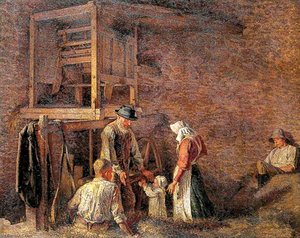 The Interior of a Barn, with Two Labourers Resting and an Old Man about to Embrace a Child Accompanied by a Woman