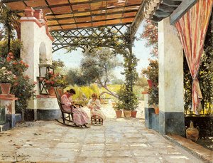 Mother And Daughter Sewing On A Patio — Manuel García Y Rodríguez