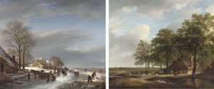 Townspeople Skating On A Frozen Stream; And A Farmhouse Amongst Trees In Summer — Andreas Schelfhout