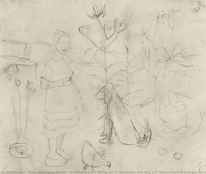 A Standing And A Sitting Girl In The Garden With Dog And Chicken/elsbeth Between Fire Lilies — Paula Modersohn-becker, Early Expressionism