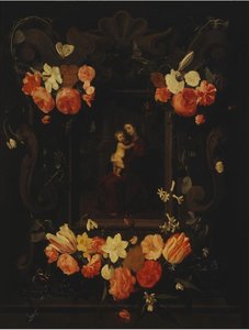 English Madonna And Child Framed A Garland Of Flowers — Erasmus Quellinus Ii, Baroque