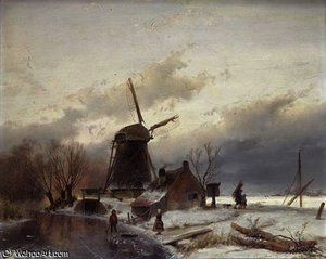 A Frozen River Landscape With A Windmill — Andreas Schelfhout, Romanticism