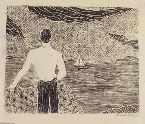Man Holding Net On Shore — Frank Mcclure