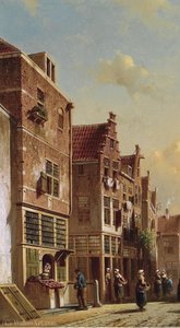 A street scene with figures conversing