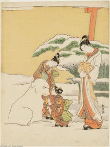 Courtesan Watching Two Kamuro Make A Snow Dog — Suzuki Harunobu