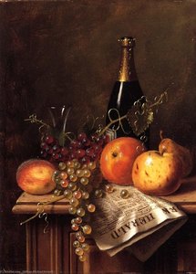 Still Life With Fruit, Champagne Bottle And Newspaper — William Michael Harnett