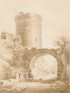A Landscape With A Fortified Tower And A Bridge Of Figures And Asses — Victor Jean Nicolle