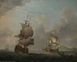 English Men-of-war And A Sloop Wearing An Irish Ensign Off The Coast — Francis Swaine