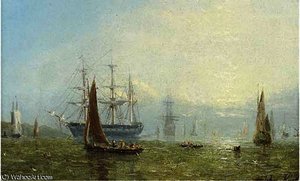 A Three-master At Anchor Off A Harbour Mouth Surrounded By Extensive Shipping — Adolphus Knell