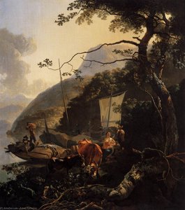 Boatmen Moored On The Shore Of An Italian Lake — Adam Pynacker, Dutch Golden Age