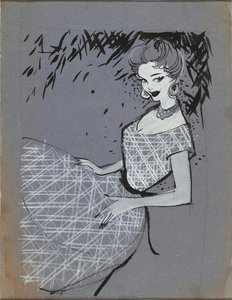 Drawing, gray and white plaid dress