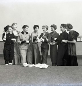 Female Models Stood In A Line Drinking Tea — Yorkshire Post Newspapers Ltd.