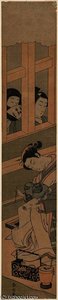 Two Men Looking Through Window Lattice At A Courtesan Writing A Letter — Suzuki Harunobu