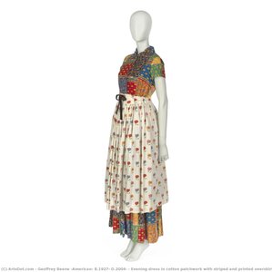 Evening dress in cotton patchwork with striped and printed overskirt