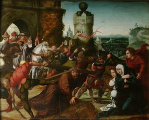 Triptych (middle panel) Christ Falls, with the Cross, Before a City Gate