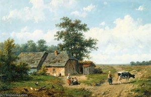 Figures Outside A Cottage On A Sunny Day — Anthonie Jacobus Van Wijngaerdt
