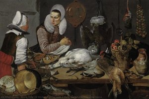 A Kitchen Interior With A Maid And A Lady Preparing Game — Frans Hals
