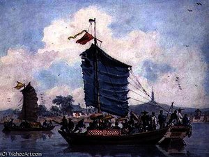 Chinese river scene with Junks under sail