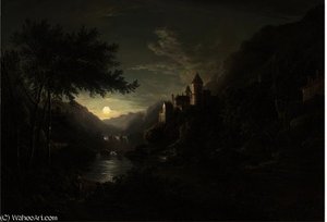 Figures Beside A Moonlit River With A Castle On A Hillside — Abraham Pether