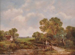 Landscape With Two Young Children Crossing A Rustic Wooden Bridge — Richard Hilder