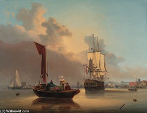 A Frigate At Anchor With Other Vessels In An Estuary