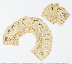 Home made Happy Families cards featuring drawings of family members by Buddy Elias