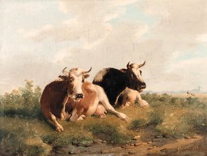 Grazing Cattle; And Cattle By A Fence — Albertus Verhoesen