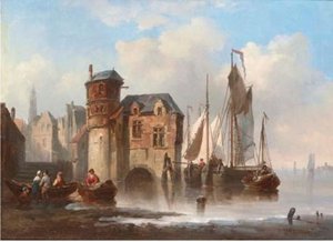 Barges Moored Off A Merchant's House In The Low Countries — Johannes Hermann Barend Koekkoek