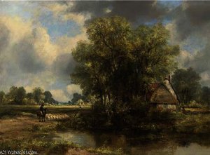 A Wooded Landscape With A Cottage By A Pond And A Figure And Sheep On A Path — Frederick Waters (william) Watts, Romanticism