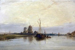 Dutch River Scene With Barges — Samuel Walters
