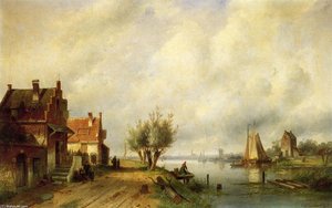 A River Landscape In Summer With Peasants Conversing By Old Houses Along A Road, Moored Shipping Across, A Town In The Distance — Charles Henri Joseph Leickert