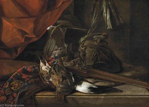 A Partridge, A Hunting Horn, A Musket And Game Bags On A Partly Draped Stone Ledge