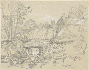 Rustic Bridge And Distant Church At Peter Tavy, Devon — John Frederick Lewis