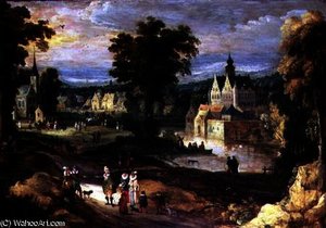 Figures in a landscape with village and castle beyond