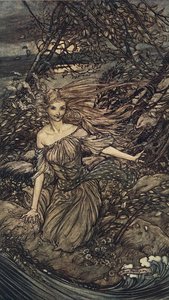 He Saw By The Moonlight Momentarily Unveiled, A Little Insland Encircled By The Food; And There Under The Branches Of The Overhanging Trees Was Undine — Arthur Rackham