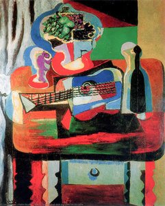 Guitar, Bottle, Fruit Dish And Glass On The Table — Pablo Picasso, Cubism