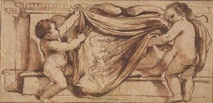 Two Putti Covering A Cartouche On The Base Of A Pediment With A Tapestry Showing A Man Playing A Lute In A Landscape Setting — Guercino