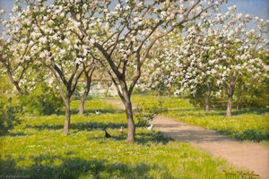 Farm Idyll With Blooming Apple Trees And Chickens — Johan Krouthén