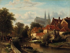 A Summer's Day In Deventer With Figures On The Town-wall, The Bergkerk Towering In The Distance — Cornelis Springer, Romanticism